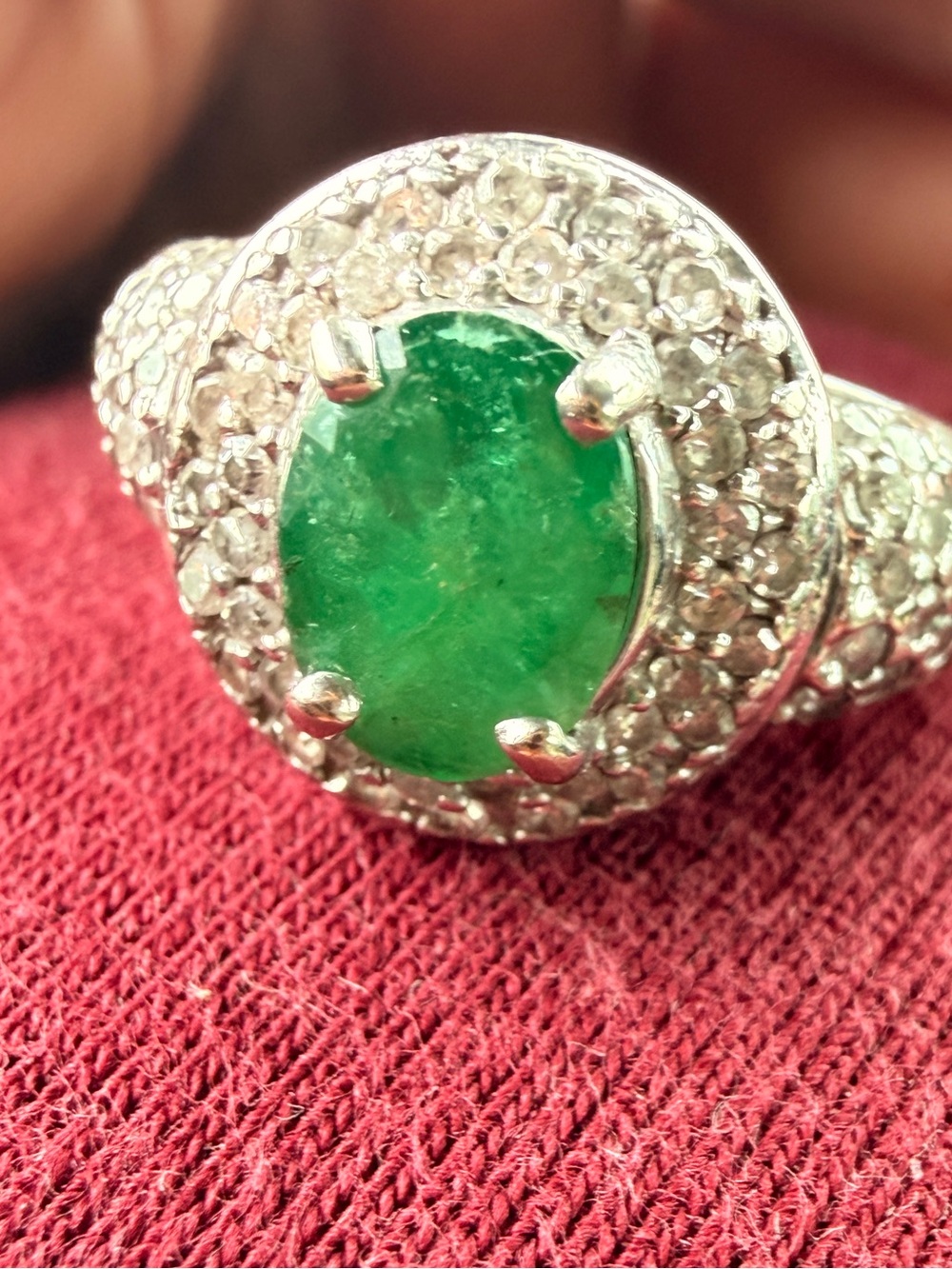 Vintage 10kt White Gold Natural Emerald & Diamond Ring Sz7